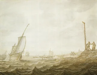 En Grisaille av en kustscen med figurer